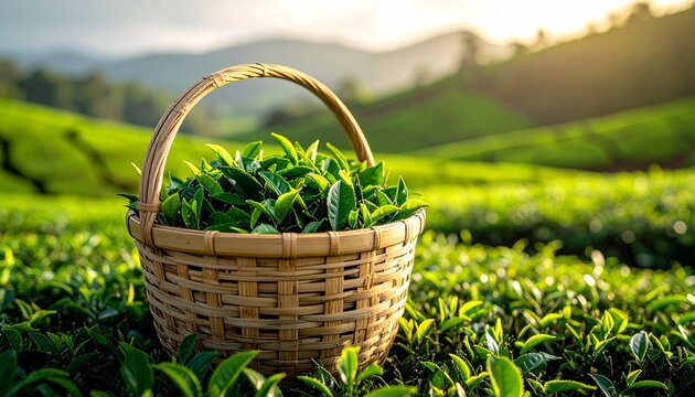 Basket of Tea Leaves in a Field: A wicker basket overflows with fresh tea leaves, set against the backdrop of a vibrant tea field under the warm, golden light of the sun.