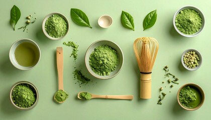 Matcha Delight: An elegant arrangement of vibrant green matcha powder and tools, capturing the essence of a serene and healthy ritual. 