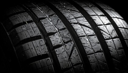 Close up Black Car Tire Tread Texture with Intricate Pattern and Grooves against Dark Background in Studio Lighting