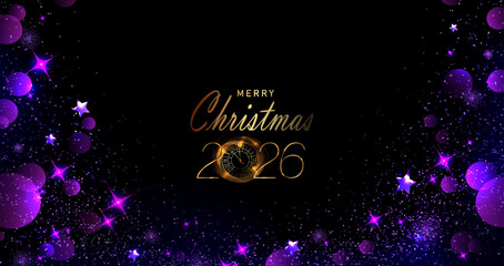 Merry Christmas. Isolated purple background with tinsel and stars.