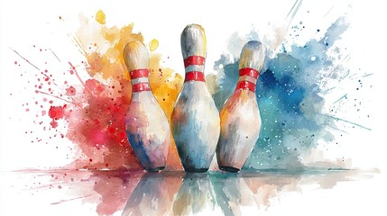 A vibrant watercolor illustration of three bowling pins, surrounded by colorful splashes, conveying a sense of fun and leisure associated with bowling.