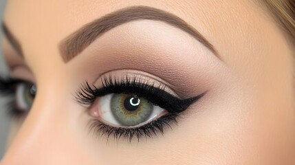 Naklejka premium Eye makeup close up with winged eyeliner and green eye for beauty content