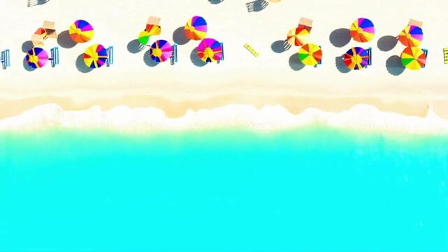 Aerial Tropical Beach with Colorful Umbrellas and Turquoise Water.