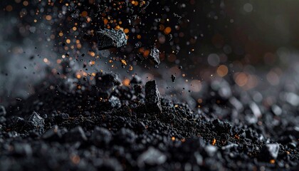 Charcoal Explosion: A high-impact photograph capturing the dramatic moment of charcoal fragments exploding into the air, set against a dark background.