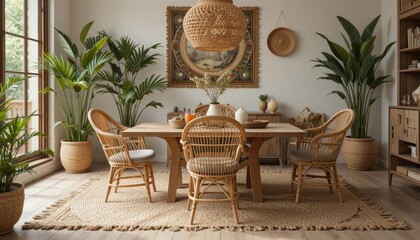 Obraz premium Elegant dining room with rattan furniture and lush plants indoors