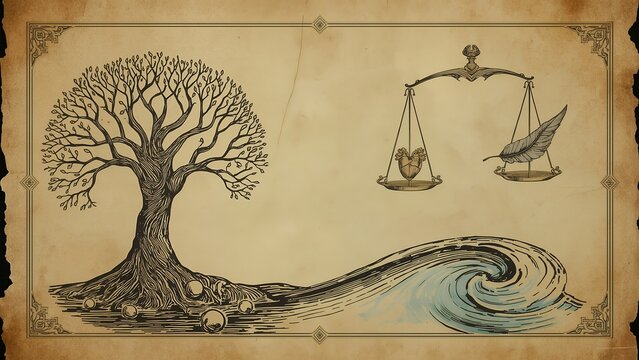 Symbolic Balance - Tree of Life, Scales of Justice, and Flowing Water.