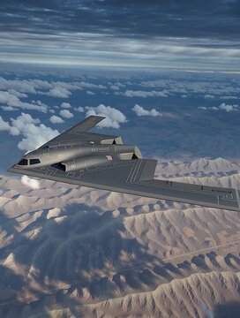 Stealth bomber aircraft flying high above mountains and clouds