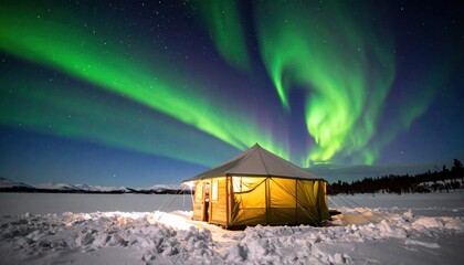 Majestic Northern Lights Above Cabin in Snowy Wilderness Landscape