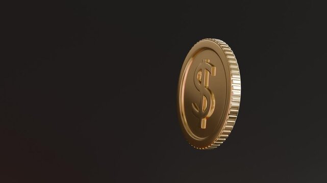 Gold finance concept with a single gold coin spinning on its axis, showcasing a dollar sign. The elegant gold design suits banking, investment, and financial business presentations perfectly.