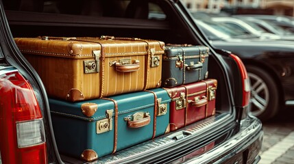 Fototapeta premium Vintage suitcases stacked in a car trunk, ready for travel, showcasing bold colors and classic design, set against a backdrop of parked cars.
