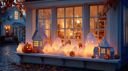 Festive Halloween Decorations Featuring Illuminated Pumpkins and Spooky Ghostly Decor