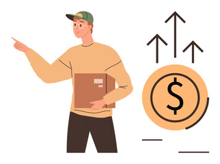 Male delivery worker holding a package, pointing forward near a dollar coin and upward arrows symbolizing profits, growth, goals, success, logistics, e-commerce, and economic progress. A simple flat