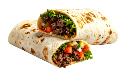 Delicious beef burrito wrapped in tortilla, cut open to show filling, isolated on transparent background.