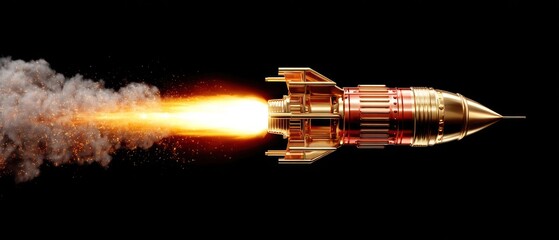 Golden rocket ship launching with flames and smoke