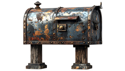 Traditional mailbox with post, metallic finish, isolated on transparent background,PNG.