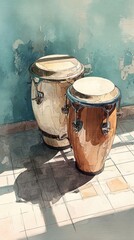 Two conga drums sit on a tiled floor, casting shadows against a textured wall, showcasing a vibrant and artistic ambiance.