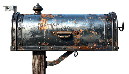 Traditional mailbox with post, metallic finish, isolated on transparent background,png