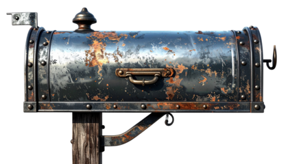 Traditional mailbox with post, metallic finish, isolated on transparent background,png