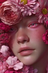 Naklejka premium Portrait of a Woman Among Flowers: A Close-Up of Beauty and Nature's Pink Blossoms, Captivating Emotions with Soft Light and Surreal Aesthetics for a Tranquil, Artistic Photography Experience