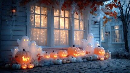 Halloween decorations: glowing pumpkins, ghost figures, and festive atmosphere in a house facade