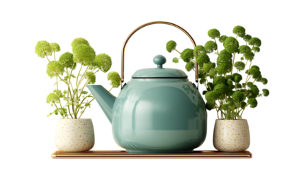 Isolated on transparent background, a teal teapot with plants is displayed