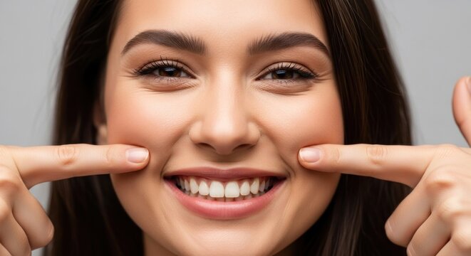 A close-up of a woman with dark hair and a beaming smile, fingers pointing to her dimples and teeth, highlighting her joyous expression