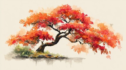 A vibrant, artistic depiction of a tree with striking red and orange leaves, set against a soft, light background.