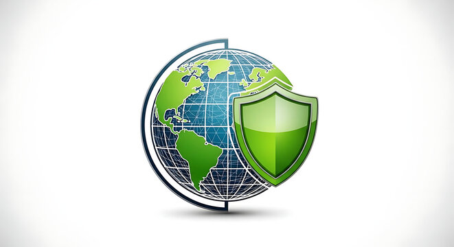 Illustration of a green globe with a grid and a green shield in front on a white background ai generated