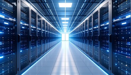 Futuristic data center corridor with glowing racks