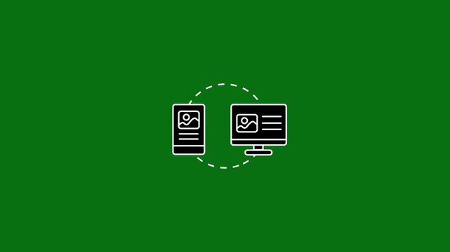 White outline icons of smartphone and computer connected by dashed circle on green background Keywords: icon, technology, connection, data, transfer, network, communication, digital