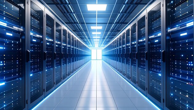 Futuristic data center corridor with glowing racks