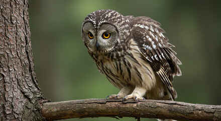 A portrait of a magnificent great horned owl, a nocturnal bird of prey with intense brown eyes and sharp beak, flying in the wild nature