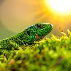 Fototapeta premium A bright green lizard basks in sunlight atop lush, verdant moss