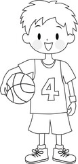 Line drawing of a boy holding a basketball. Vector Illustration.