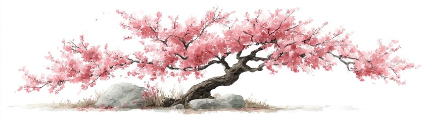 A serene pink cherry blossom tree gracefully leans over smooth stones, embodying natural beauty and tranquility.