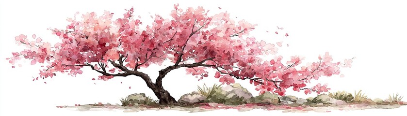 A vibrant pink flowering tree with delicate petals, set against a simple background, reflecting the beauty of nature and springtime.
