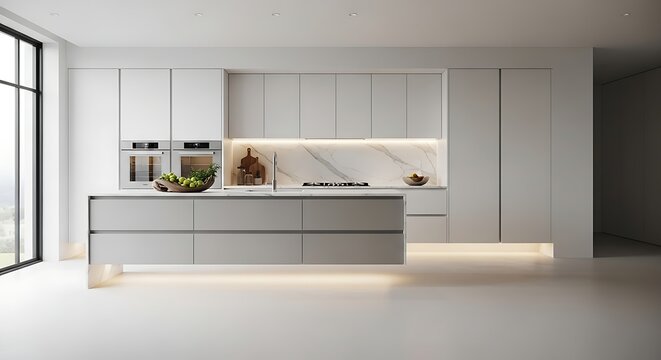 Elegant contemporary kitchen interior showcasing minimalist white and gray cabinetry with a sleek island and integrated appliances, reflecting sophisticated modern design in a bright, luxurious home - Powered by Adobe