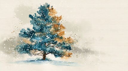 A watercolor painting of a pine tree, featuring a blend of blue and orange hues, set against a soft, textured background.