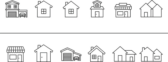 Cartoon house icon set with diverse architecture styles, residential building illustration, educational vector design, playful and structured layout, urban and suburban concept