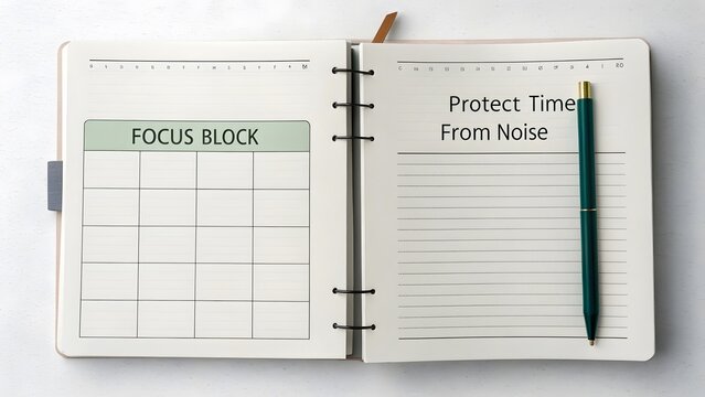 Open planner showing Focus Block for time management tasks