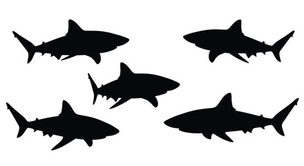 Several shark silhouettes swimming in a minimalistic monochrome underwater scene