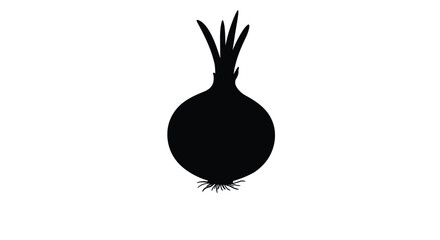 Simple black silhouette of an onion with green stem and roots shown
