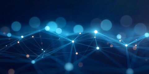 Abstract network of interconnected nodes and lines, creating a sense of connectivity and data flow, set against a dark blue background with bokeh effects