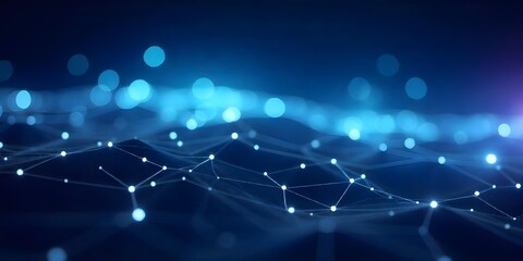 Abstract network of interconnected nodes and lines, creating a sense of connectivity and data flow, set against a dark blue background with bokeh effects
