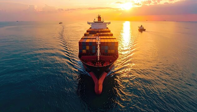 Cargo Ship Sailing on Open Water at Golden Sunset Glowing Water Reflecting Sunlight in Dark Teal Sea Minimalist Style