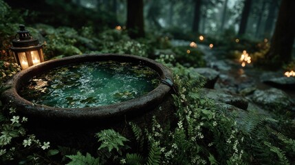 Mystical Forest Scene with a Stone Bowl of Water and Lanterns in a Dreamy Setting