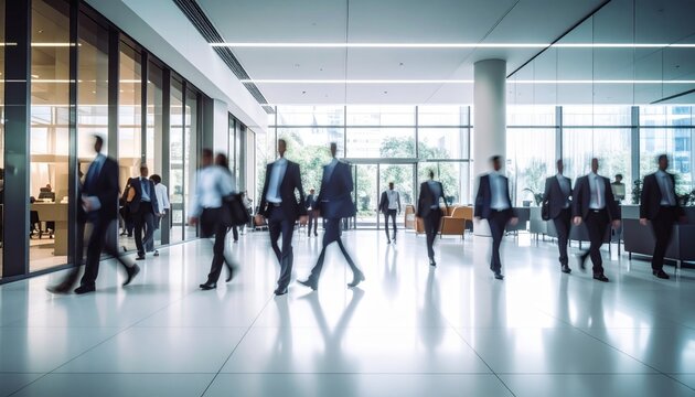 Modern accounting firm lobby with people walking inside, people in blurred motion