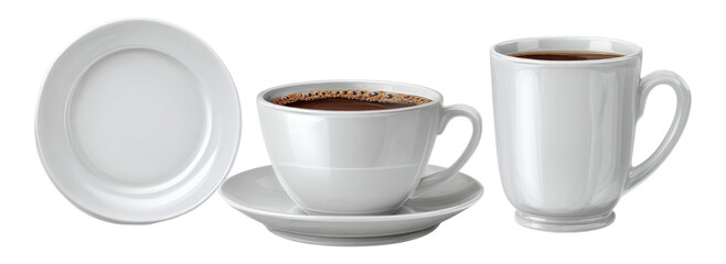 White Coffee Cup and Saucer Isolated on Transparent Background