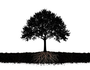 Silhouetted tree with roots in soil