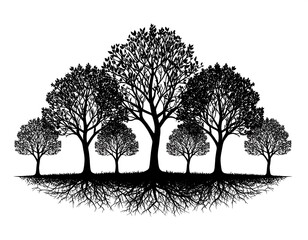 Silhouetted trees with roots